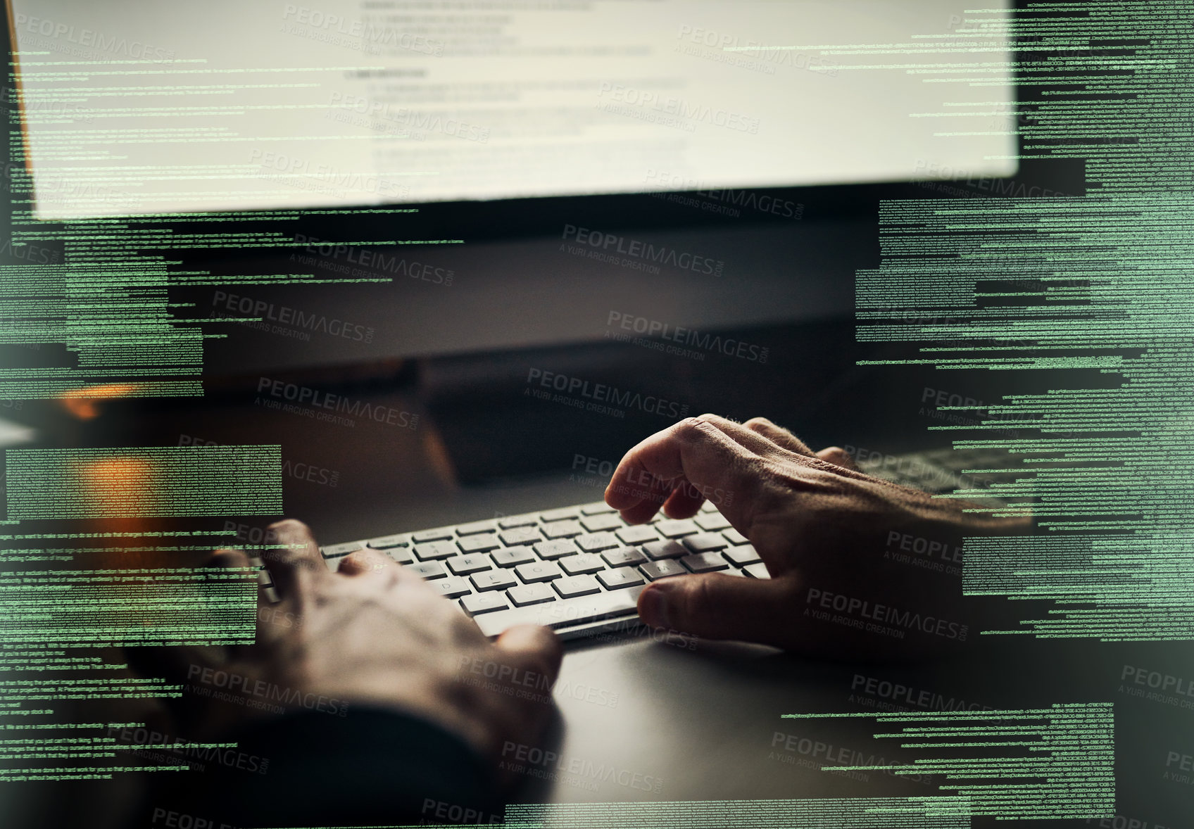 Buy stock photo Cropped shot of an unrecognizable hacker cracking a computer code in the dark