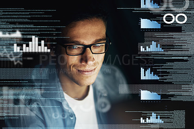 Buy stock photo Cropped shot of a young computer programmer looking through data in the dark
