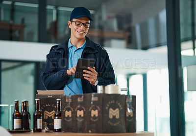 Buy stock photo Logistics, man and beer on delivery with tablet, beer and stock for Oktoberfest in Germany. Courier, packaging and checklist on technology for order list, customer service and app for supply chain