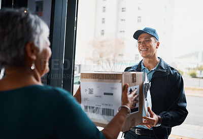 Buy stock photo Courier, customer and delivery with box, clipboard and ecommerce with package or cargo. Business woman, man and shipping with logistics, parcel and supply chain for online retail and freight