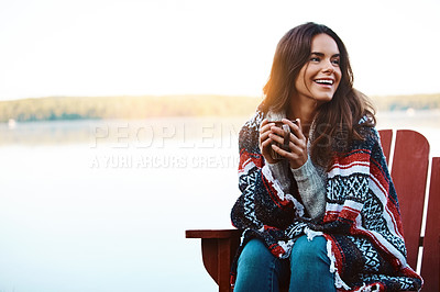 Buy stock photo Smile, coffee and woman in nature of lake, warm and happy in morning, outdoor and relax in vacation. Holiday, chair and scenery with peace in Michigan, rest and tea in countryside for weekend