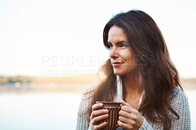 Buy stock photo Thinking, vacation and woman with coffee by lake, warm and memory of trip, outdoor and relax in morning. Holiday, calm and scenery with peace in Michigan, rest and tea in countryside for weekend