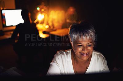 Buy stock photo Mature business woman, night and computer with smile, online reading and internet with deadline. Person, employee and consultant with pc, technology and project with schedule and connection