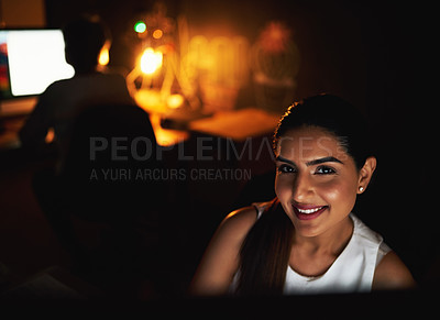 Buy stock photo Business, woman and smile in portrait at night for online newspaper, digital story deadline and overtime in office. Journalist, employee and happy with press coverage and news report at media company