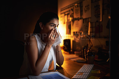 Buy stock photo Business, woman and tissue at night in office for flu virus, allergies problem and medical crisis of wellness. Female person, sick and sneeze for bacteria, health or infection of deadline pressure