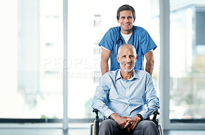 Buy stock photo Man, wheelchair and nurse for community care, medical and help for healthcare patient. Disabled, smile and hopeful with portrait of male person and helper, window and rehabilitation with carer 