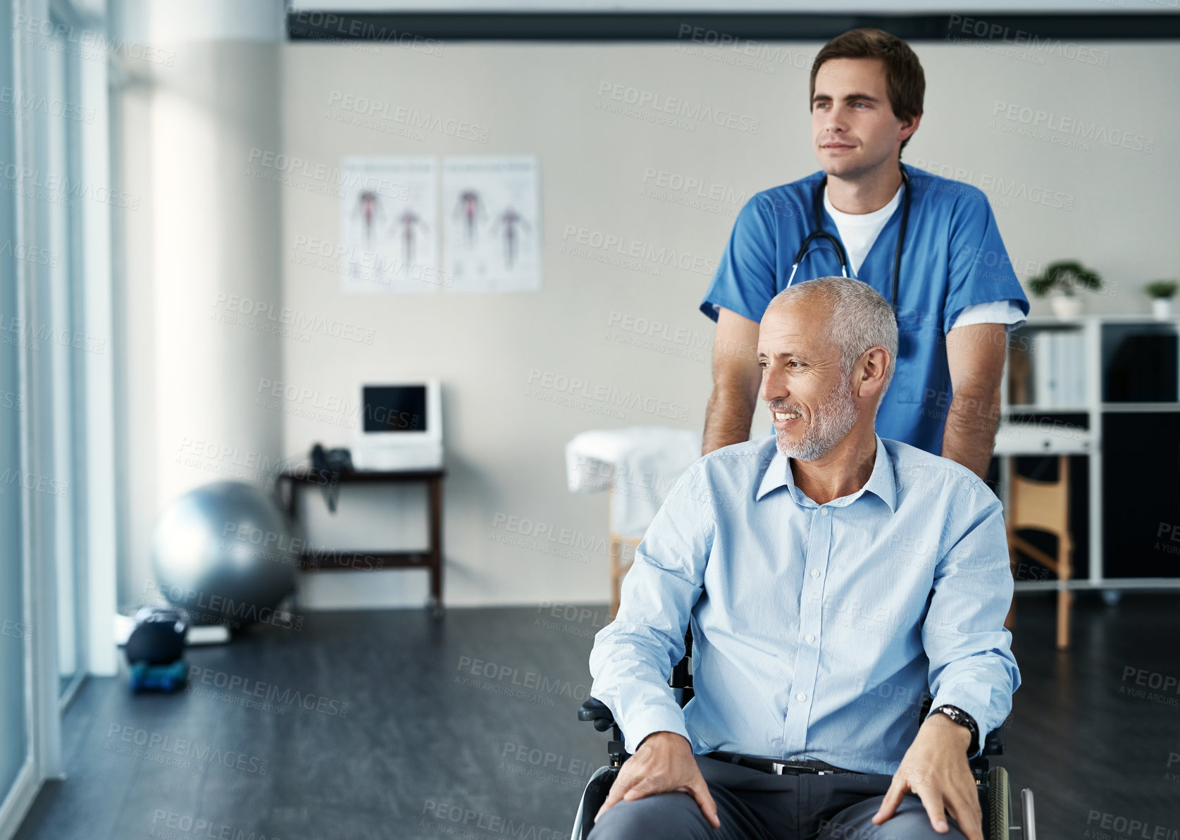 Buy stock photo Thinking, patient in wheelchair and doctor in hospital for healthcare, wellness and support. Medical professional, elderly man and happy for physiotherapy idea for recovery and treatment in clinic