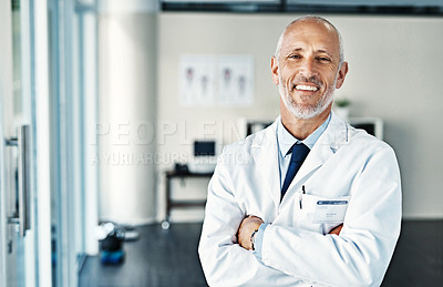 Buy stock photo Mature doctor, success and portrait with arms crossed in hospital feeling proud from medical work. Healthcare, wellness and professional employee with happiness from health support and physician job