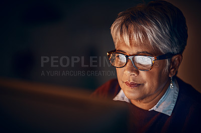 Buy stock photo Business, night and mature woman with pc, online reading or internet with connection. Senior person, writer or publisher with glasses, deadline or writing for manuscript, article for magazine or dark