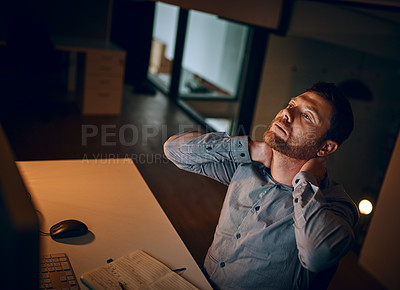 Buy stock photo Business, man and neck pain in office at night with burnout, overtime and stress from project deadline. Professional, employee and muscle strain with tension, bad posture and inflammation from injury