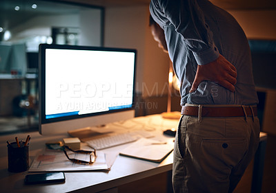 Buy stock photo Business, man and back pain in office at night with burnout, overtime and ache from project deadline. Professional, employee and muscle strain with tension, bad posture and inflammation from injury