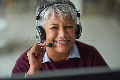 Buy stock photo Mature woman, call center and smile in portrait with mic, computer and consulting on voip at job. Agent, headphones and happy for tech support, telemarketing or customer care with pride in workplace