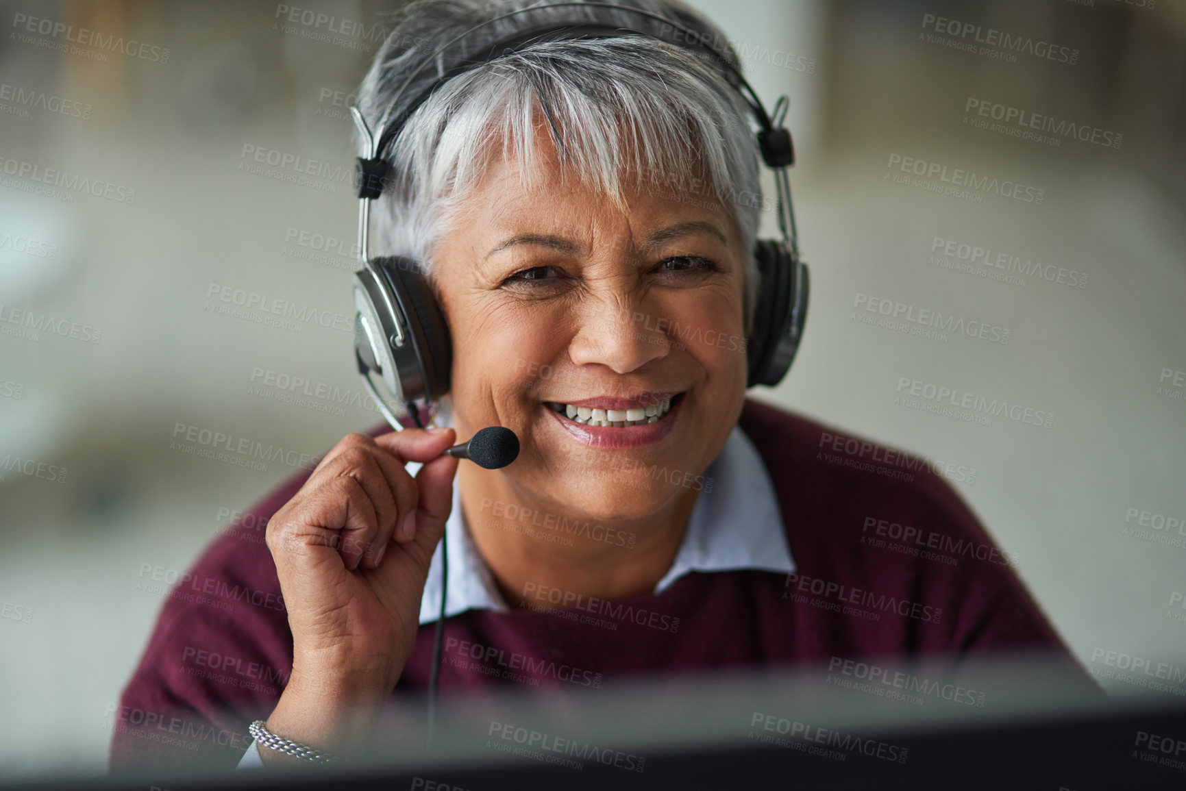 Buy stock photo Mature woman, call center and smile in portrait with mic, computer and consulting on voip at job. Agent, headphones and happy for tech support, telemarketing or customer care with pride in workplace