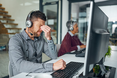 Buy stock photo Call center, depression or businessman with headache in office overwhelmed by fear, fail or crm mistake. Anxiety, vertigo or consultant frustrated by telecom workload stress, pressure or faq crisis