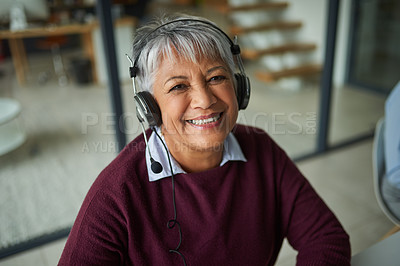 Buy stock photo Senior woman, call center and office in portrait with pride, happy and consulting with voip at job. Agent, headphones and mic for tech support, telemarketing or customer care with smile in workplace