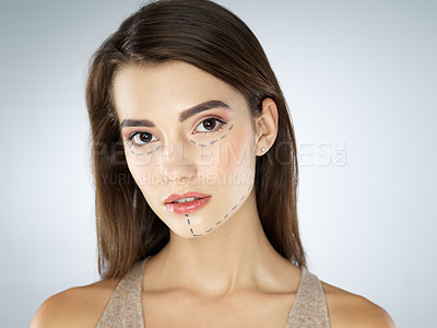 Buy stock photo Woman, portrait and lines in studio for cosmetic procedure, chin augmentation and plastic surgery. Female person, beauty and dermal filler on white background for skin, liposuction and transformation