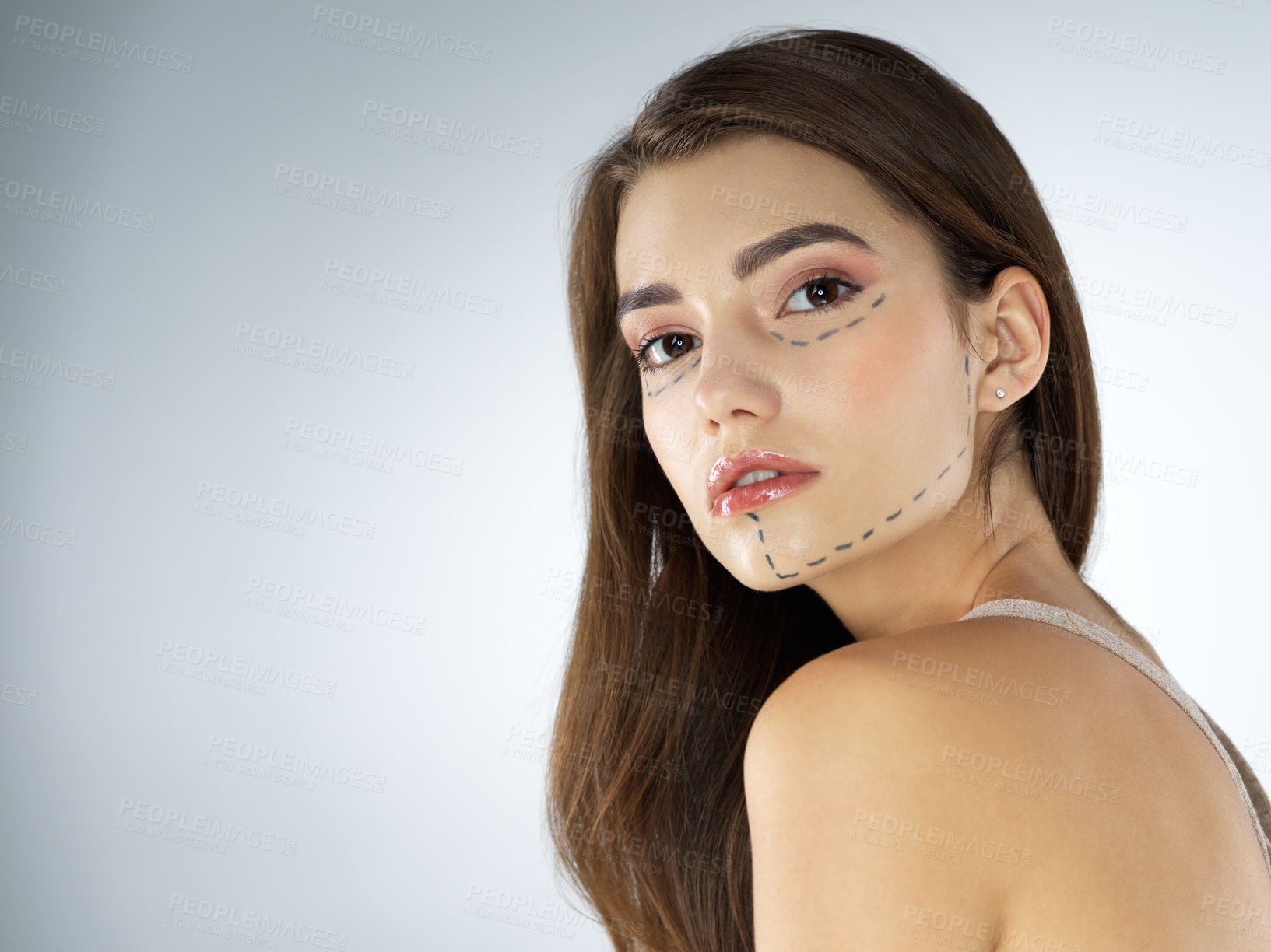 Buy stock photo Woman, portrait and mark for plastic surgery, cosmetic procedure and chin augmentation in studio. Female person, lines and dermal filler on white background for skin, liposuction and transformation 