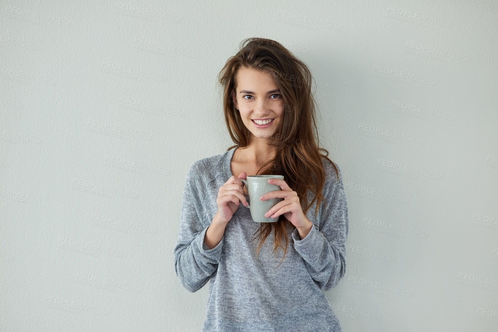 Buy stock photo Morning, happy and coffee with portrait of woman in studio for caffeine, relax and wake up. Aroma, herbal tea and beverage with person drinking on white background for energy, cappuccino and latte