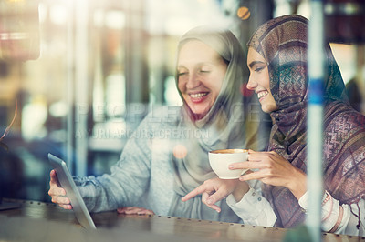 Buy stock photo Tablet, friends and happy women with hijab in cafe for menu, decision or halal option by window. Service, choice and muslim people with coffee for hospitality, online application or customer review