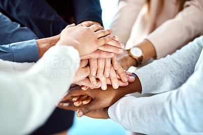 Buy stock photo Team building, collaboration or hands of business people in stack for, partnership, support or community mission. Motivation or closeup of corporate group of workers with goals or target in meeting