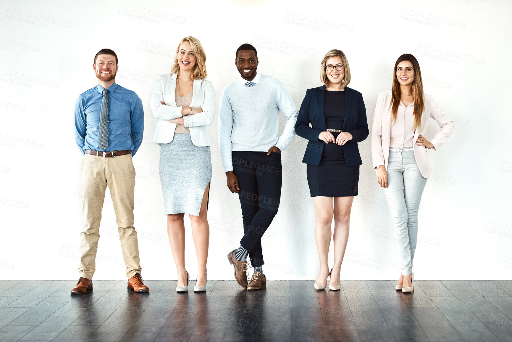 Buy stock photo Portrait, smile and teamwork of business people by white wall background mockup in office workplace. Face, confident group and lawyers standing together with arms crossed, diversity and collaboration