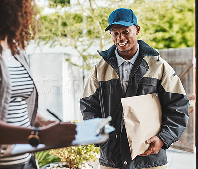 Buy stock photo Woman, delivery man and signature on checklist for package, product and shipment or order fulfillment. Female customer, courier person and writing on clipboard for confirmation and ecommerce protocol