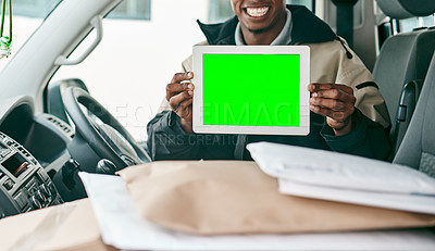 Buy stock photo Portrait of a courier holding a digital tablet with a chroma key screen inside a delivery van