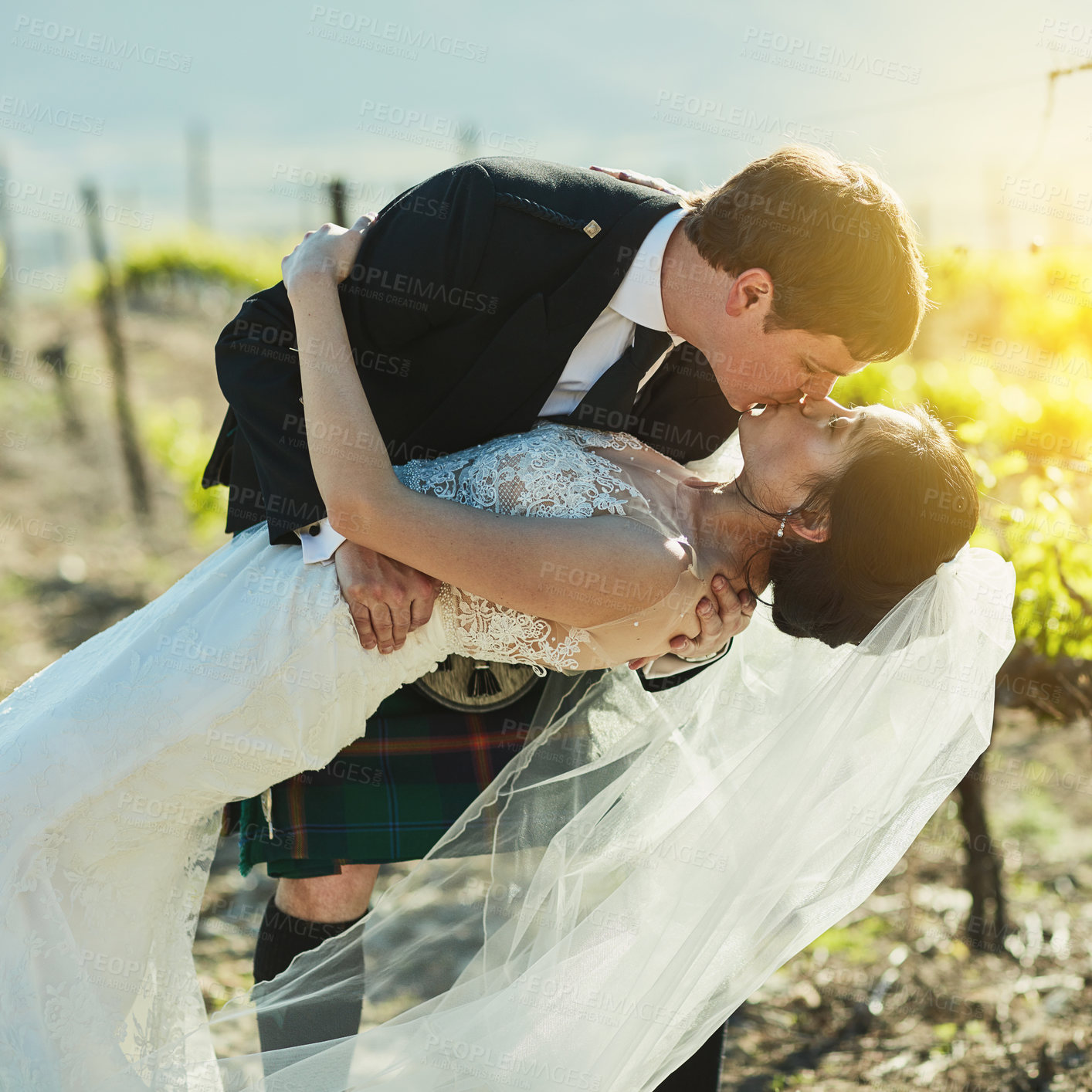 Buy stock photo Shot of a cheerful bride and groom sharing a kiss together outside next to vineyards during the day