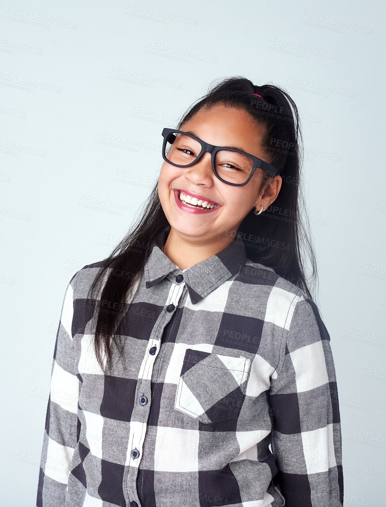 Buy stock photo Studio, glasses and portrait of girl with smile for fashion, nerd style and quirky outfit. Female child, kid and eyewear with happiness for trendy clothes, pride and confidence on white background