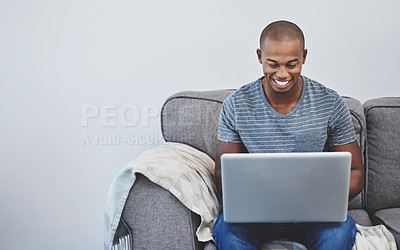 Buy stock photo Couch, smile and black man with laptop for research, networking and online freelance project in home. Relax, remote work and consultant on sofa with computer for streaming, email or web subscription.