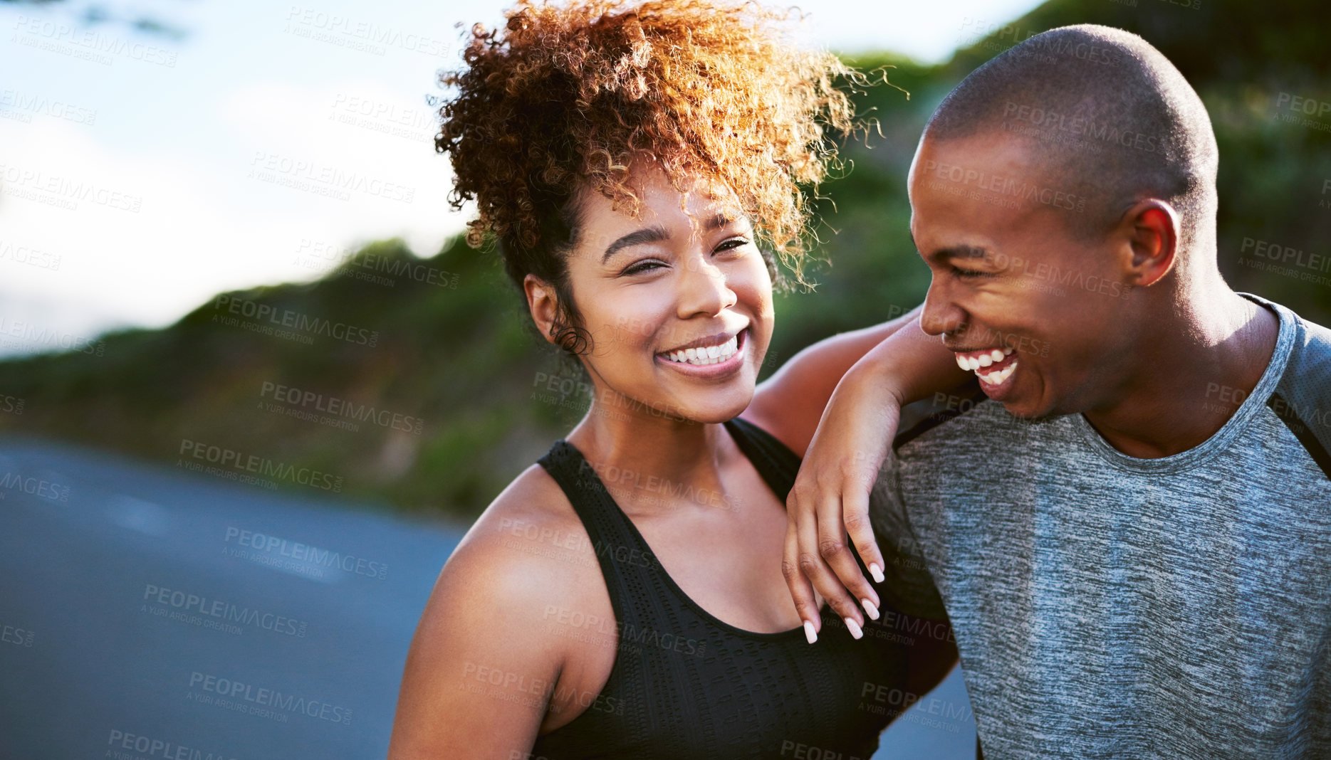 Buy stock photo Happy, black couple and portrait with fitness partner in nature for exercise, outdoor training or workout together. African man and woman with smile for running, cardio or marathon on mountain road