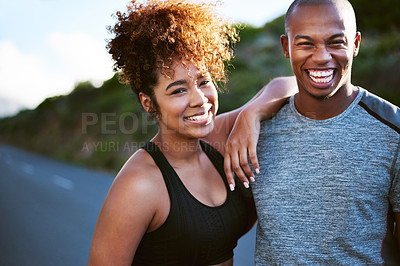 Buy stock photo Happy, black couple and portrait with fitness in nature for exercise, outdoor training or workout together. Young African man and woman with smile for running, cardio or marathon on mountain road