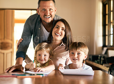 Buy stock photo Family, portrait and homework with children, drawing and notepad with parents teaching for learning. Kids, home school or study with siblings, mother and father in kitchen for growth or development