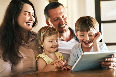 Buy stock photo Family, parents and children on tablet for streaming cartoon, online education and watch or home e learning. Happy kids and mom with dad on digital technology for teaching support and school website