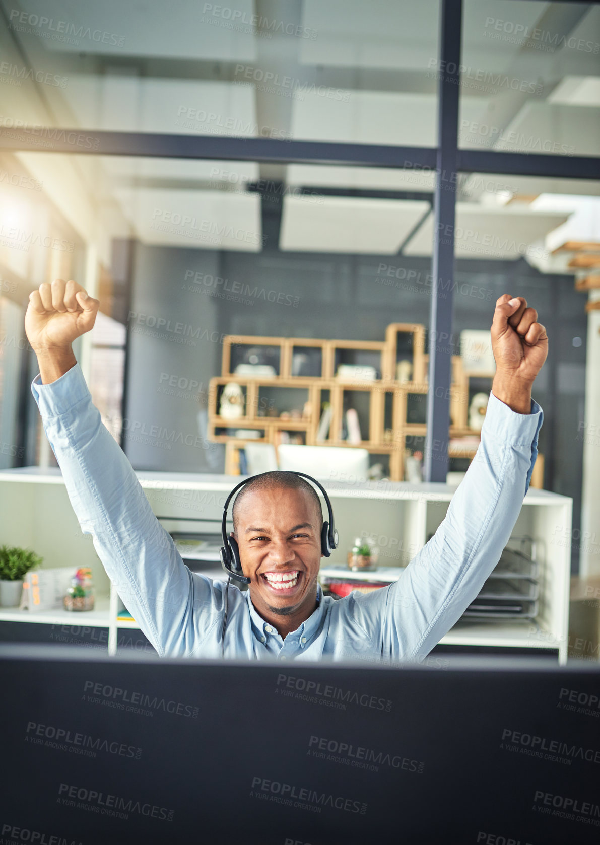 Buy stock photo Call center, celebration and happy black man winning in office for consulting, sale success and communication. Telemarketing, winner and male consultant for customer service, crm support and network