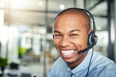 Buy stock photo Call center, customer service and portrait of happy black man for consulting, help and advice. Telemarketing, communication and male consultant smile for contact, crm support and networking in office