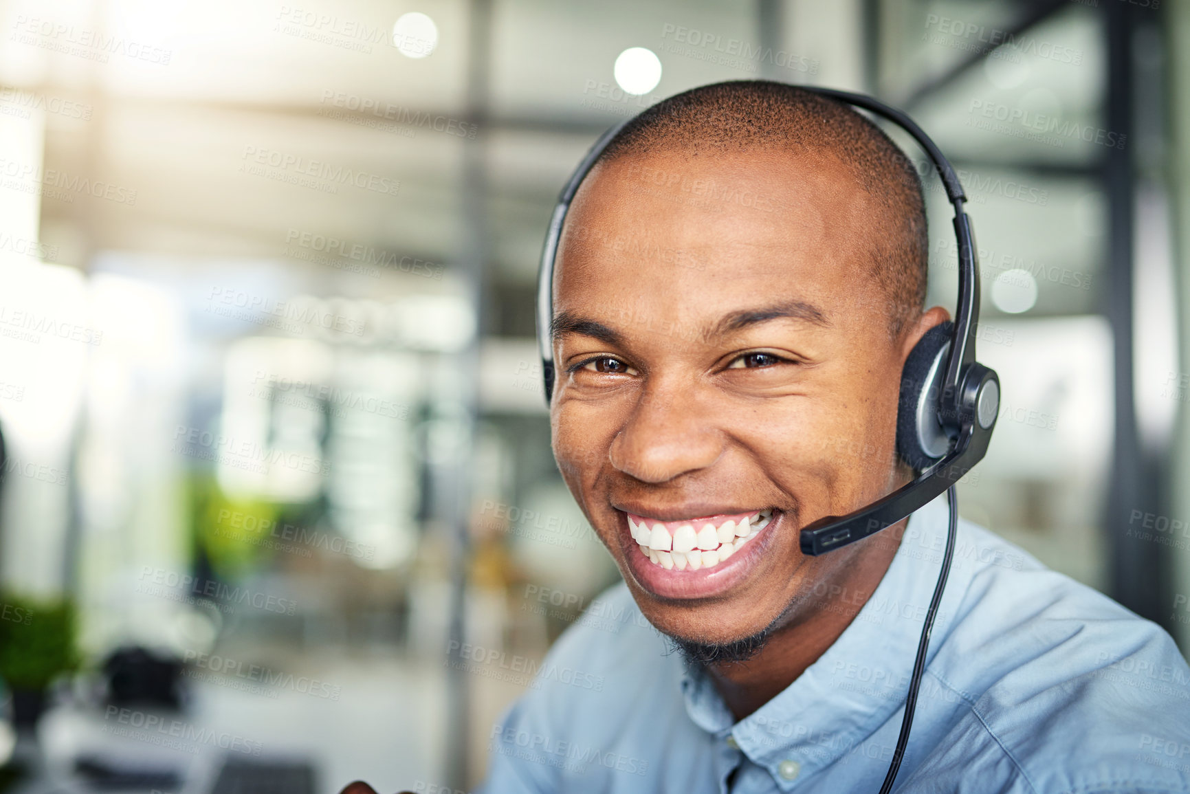Buy stock photo Call center, customer service and portrait of happy black man for consulting, help and advice. Telemarketing, communication and male consultant smile for contact, crm support and networking in office
