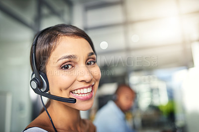 Buy stock photo Call center, customer service and happy portrait of woman for consulting, help and advice. Telemarketing, communication and female consultant smile for contact, crm support and networking in office