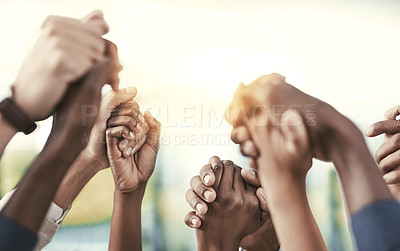 Buy stock photo Business, people, staff and group holding hands, solidarity and support with collaboration. Team, coworkers and partnership with cooperation, teamwork and goal with a target, growth and celebration