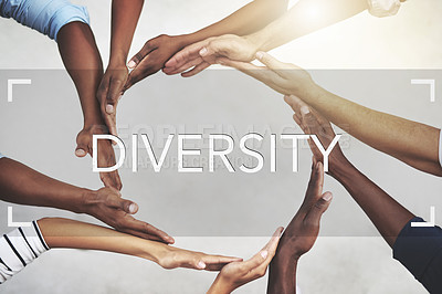 Buy stock photo Hands, business and people with circle in office for diversity, collaboration and creative integration. Staff, support and team building with unity overlay of synergy, inclusion and project agreement