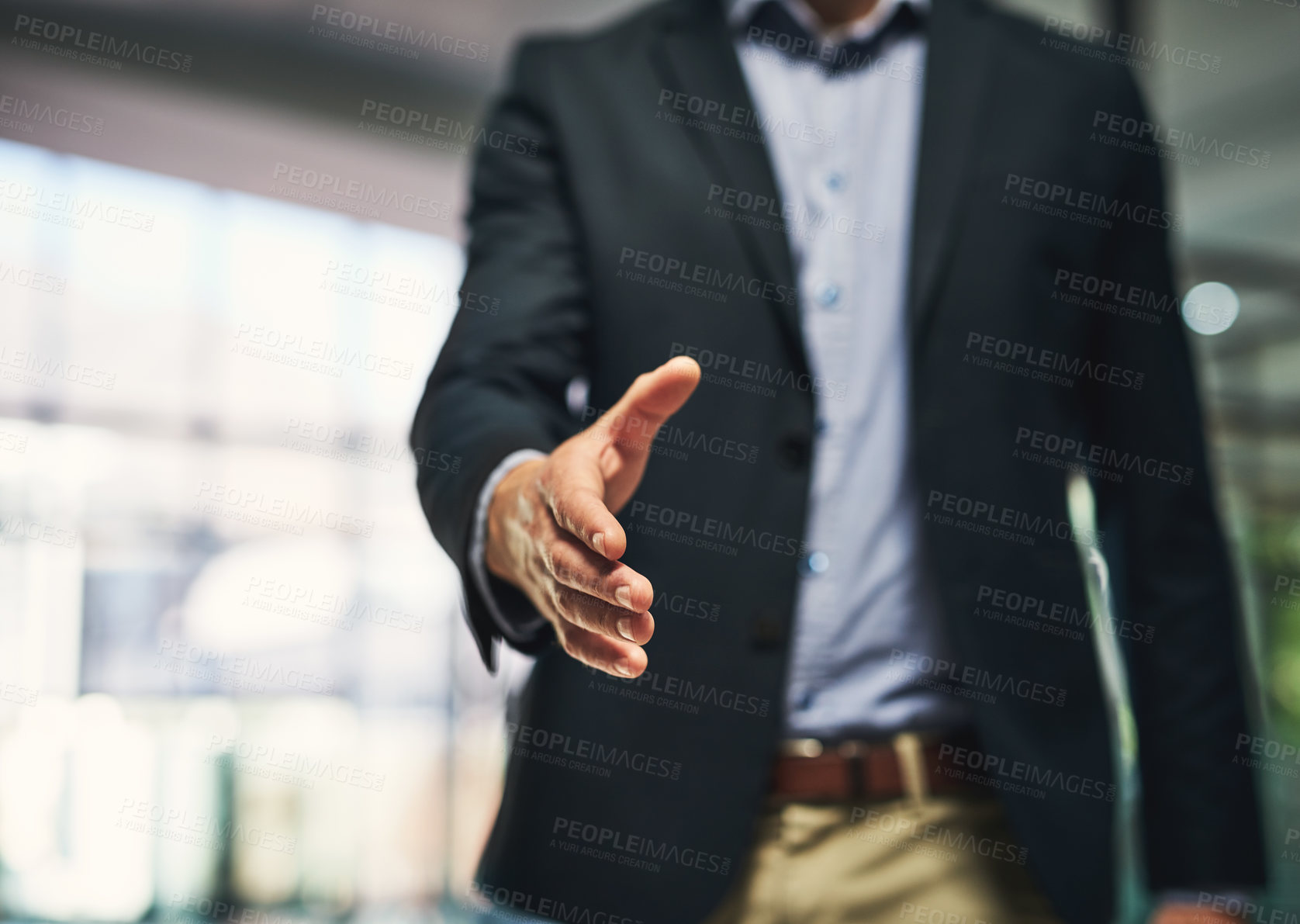 Buy stock photo Closeup, business person and handshake offer for partnership, agreement and b2b funding deal. Shaking hands, opportunity and welcome with greeting for introduction, support and thank you in office