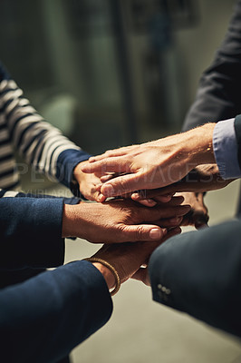 Buy stock photo Hands, together and diversity in office with teamwork for business, inclusion or commitment for job. Group, people and fingers in huddle with support for team building, staff with solidarity or goals