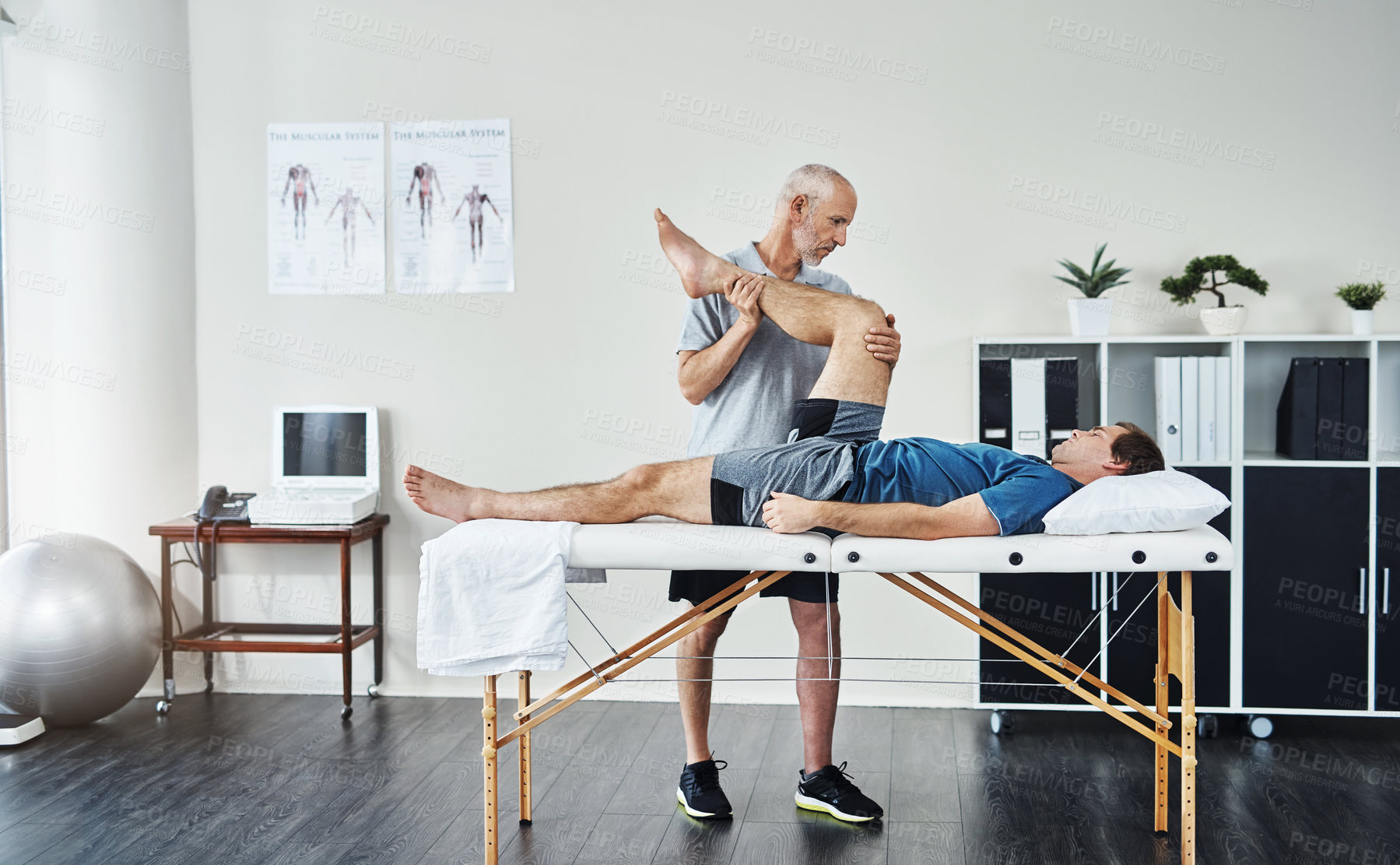 Buy stock photo Healing, physiotherapist or patient with healthcare, leg injury or recovery with wellness, care or stretching. Male person, customer or chiropractor with physical therapy, rehabilitation or knee pain