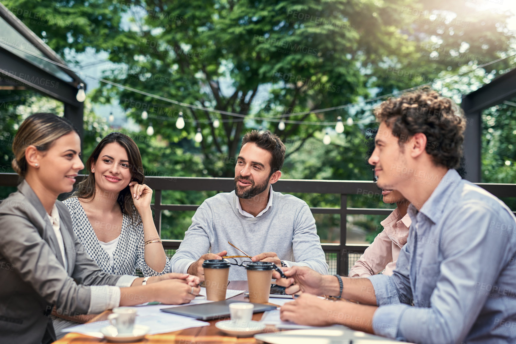 Buy stock photo Business people, coffee shop and finance discussion at meeting, outdoor and collaboration for budget project. Staff, accountant group and manager for talk at restaurant, paperwork and team planning