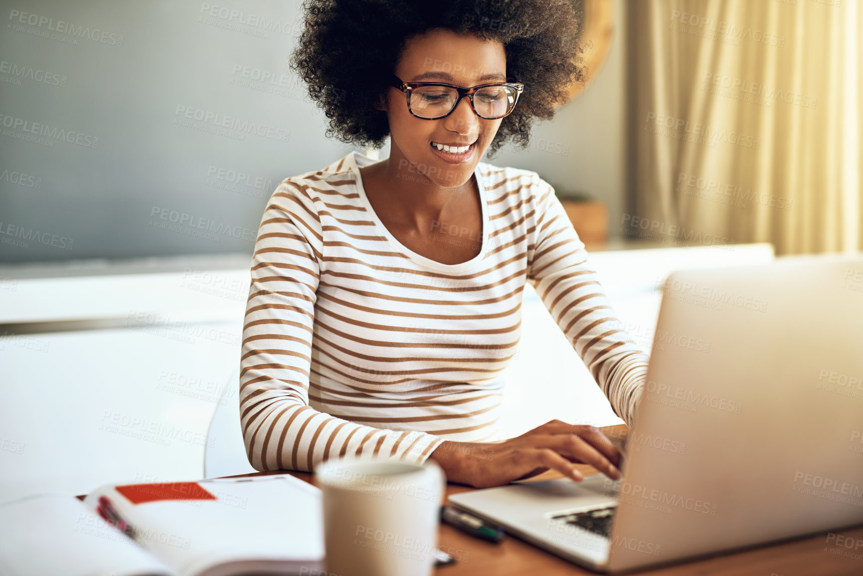 Buy stock photo Typing, laptop and happy woman in living room with remote work for report, review or freelancer. Online, journalist and African person for article, proofreading or working on feature story in home