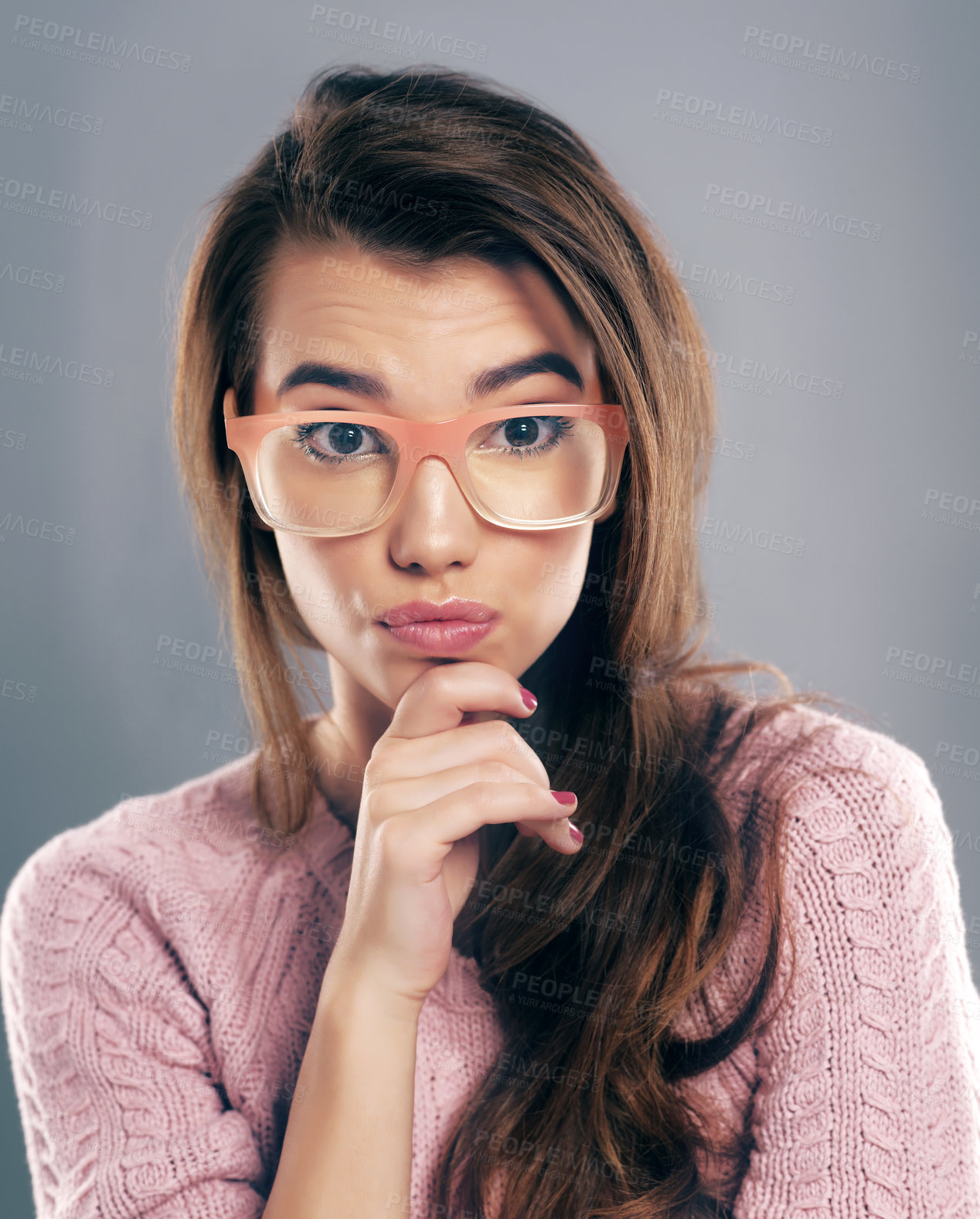 Buy stock photo Woman, portrait and pout in studio for eyewear, vision and fashion glasses on gray background. Girl, stylish and face for sunglasses, prescription and eye care with cool trendy  spectacles frame