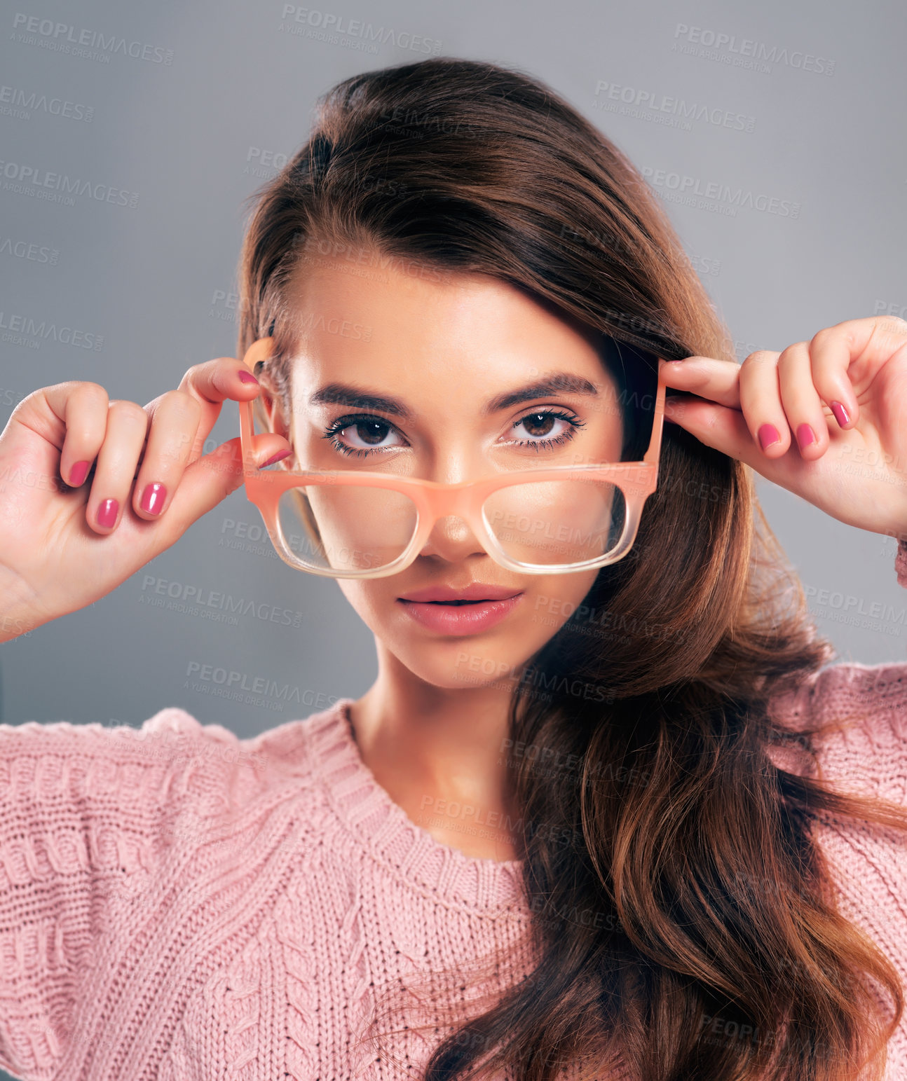 Buy stock photo Woman, portrait and confidence in studio for glasses, vision and fashion eyewear on gray background. Girl, stylish and face for sunglasses, prescription and eye care with cool trendy spectacles frame