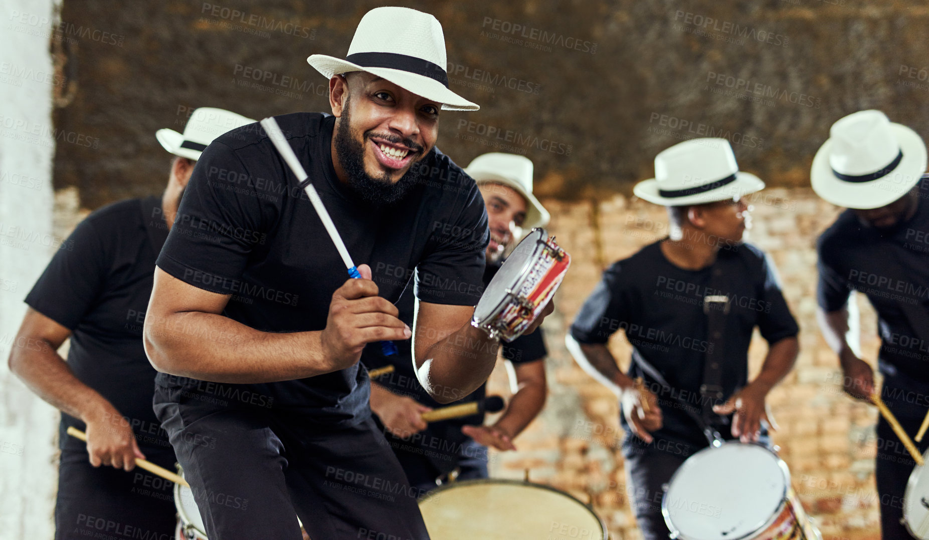 Buy stock photo Portrait of a group of musical performers playing together indoors