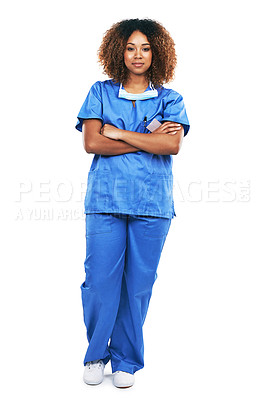 Buy stock photo Nurse, portrait and black woman with arms crossed in studio standing isolated on a white background mock up. Healthcare, wellness goals and confident and proud female medical physician from Nigeria.