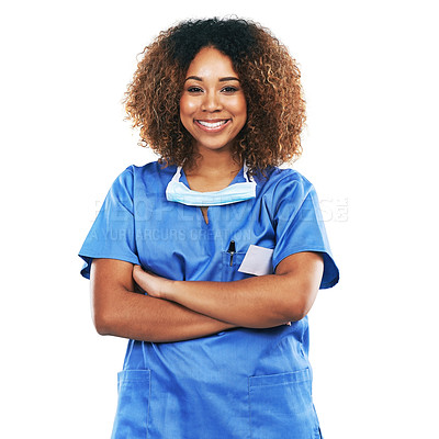 Buy stock photo Portrait, black woman and nurse with arms crossed in studio isolated on white background. Face, healthcare or confident, proud and happy female medical physician from Nigeria ready for wellness goals